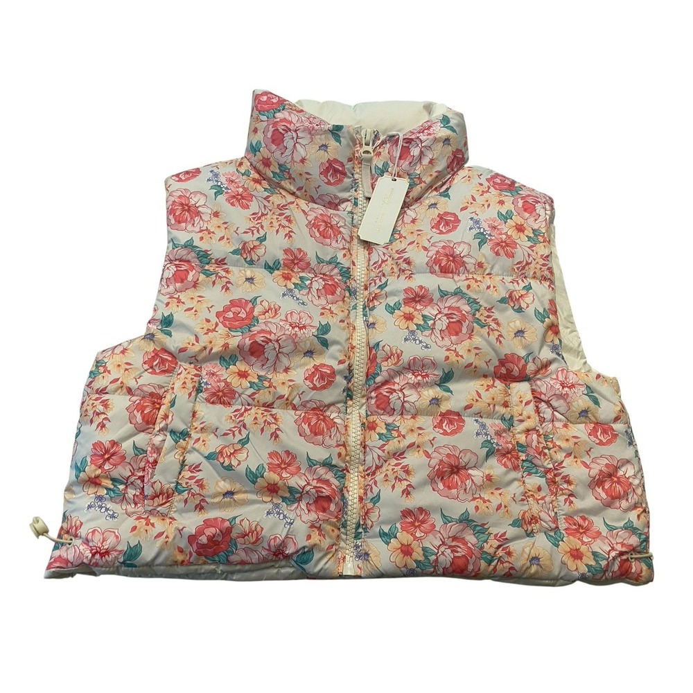 ⁠Simply Southern Floral Cropped Puffer Vest Women Small NWT Pink Floral Zip